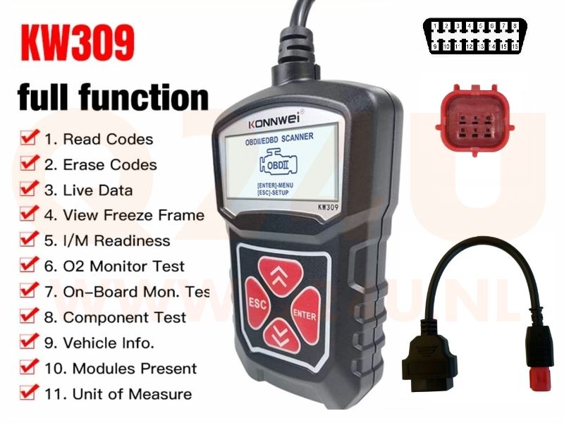 Konnwei KW309 OBD2 scanner met EURO 5 verloopkabel voor motoren – Nederlands